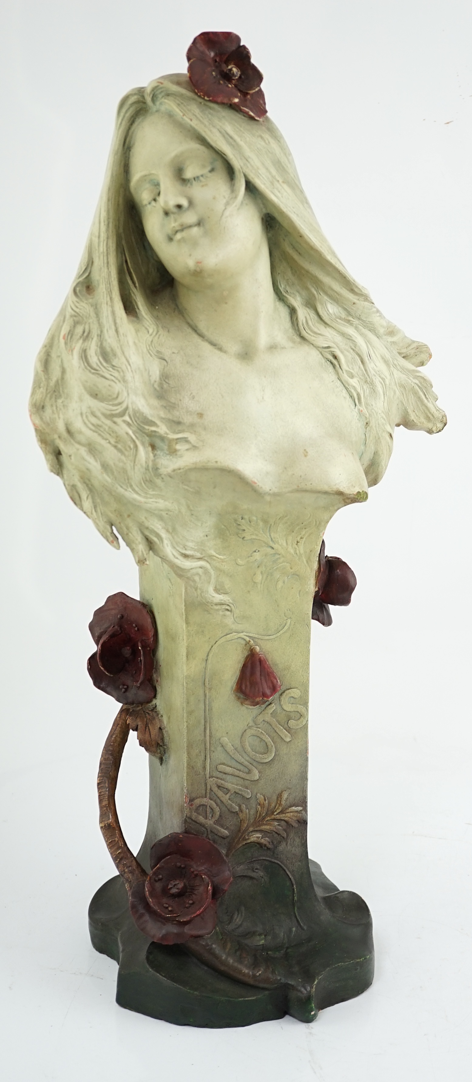 Rene Charles Masse (French, 1855-1913), an Art Nouveau figural terracotta bust 'Pavots', modelled with poppies in her hair and around the plinth, signed, 31cm wide, 63cm high. Condition - fair